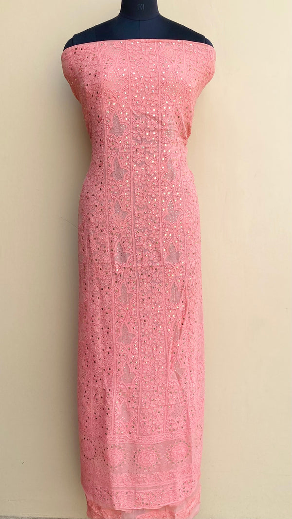 Lucknowi Chikankari Kurta Length Pink Pure Georgette With Mukaish Work