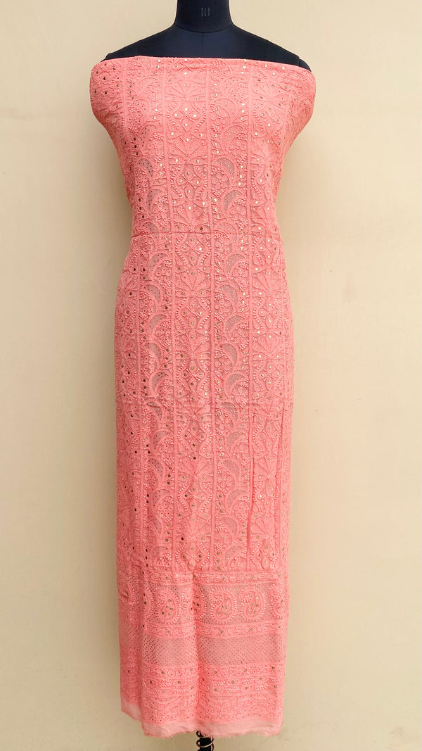 Lucknowi Chikankari Kurta Length Peach Pure Georgette With Mukaish Work