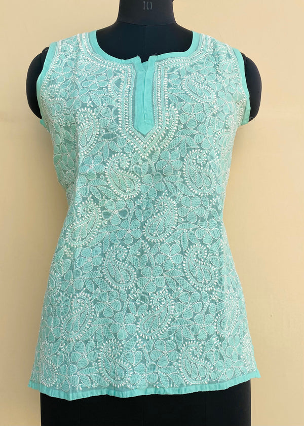 Lucknowi Chikankari Short Kurti Sea Green Cotton