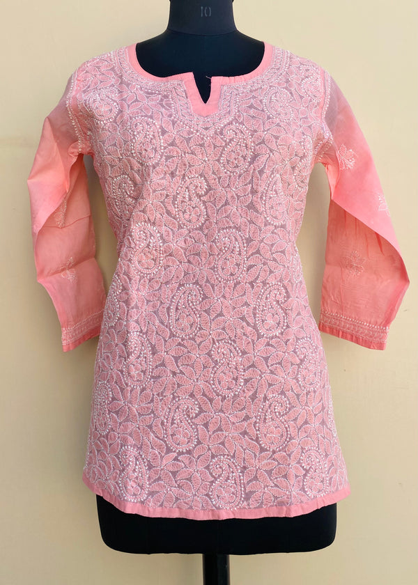 Lucknowi Chikankari Short Kurti Pink Cotton