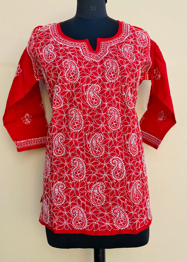 Lucknowi Chikankari Short Kurti Red Cotton