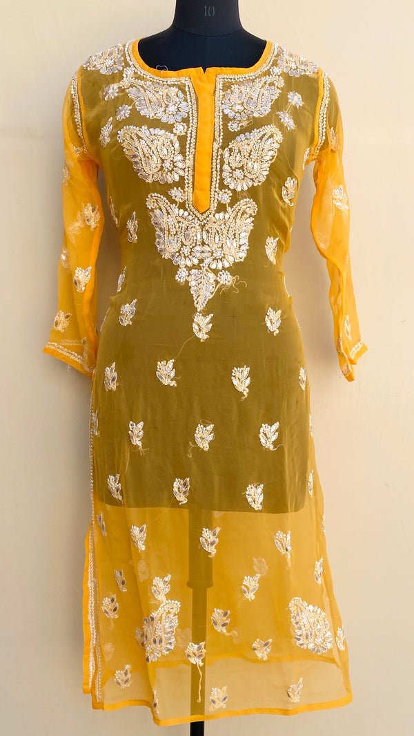 Lucknowi Chikankari Kurti Mustard Faux Georgette With Gotta Patti Work