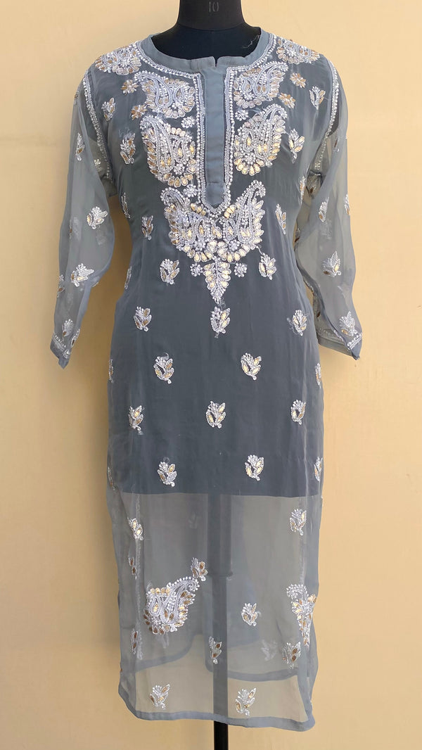 Lucknowi Chikankari Kurti Gray Faux Georgette With Mukaish Work