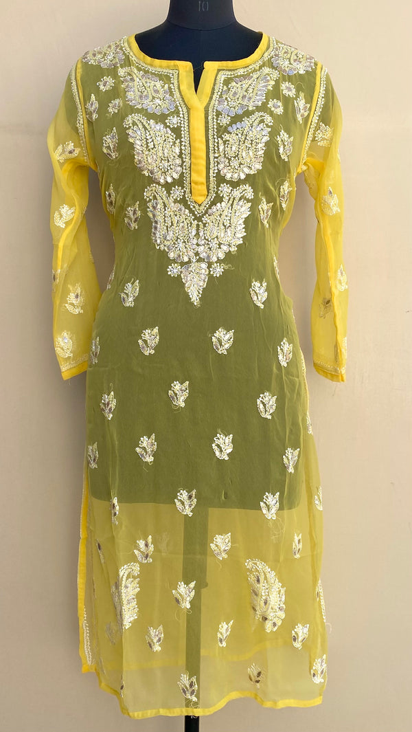 Lucknowi Chikankari Kurti Yellow Faux Georgette With Gotta Patti Work