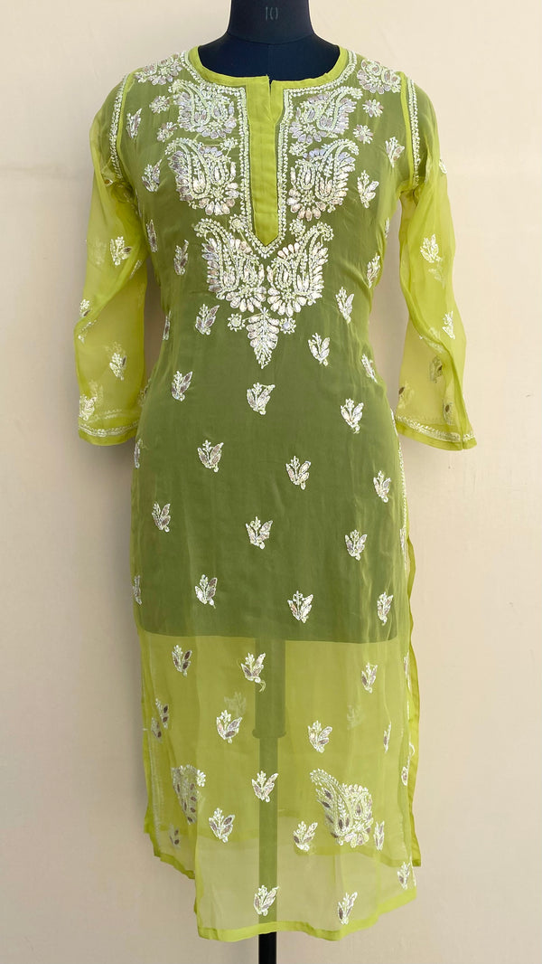 Lucknowi Chikankari Kurti Green Faux Georgette With Gotta Patti Work