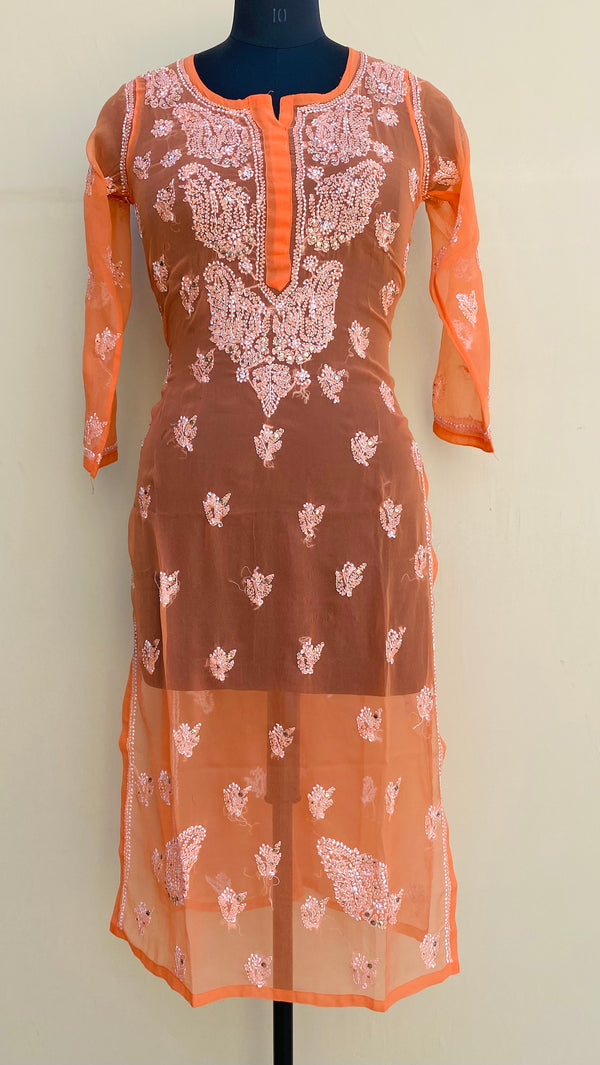 Lucknowi Chikankari Kurti Orange Faux Georgette With Mukaish Work