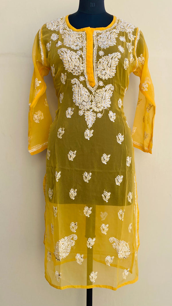 Lucknowi Chikankari Kurti Mustard Faux Georgette With Mukaish Work