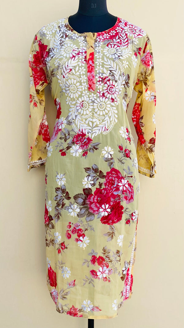 Lucknowi Chikankari Kurti Printed Yellow Faux Georgette