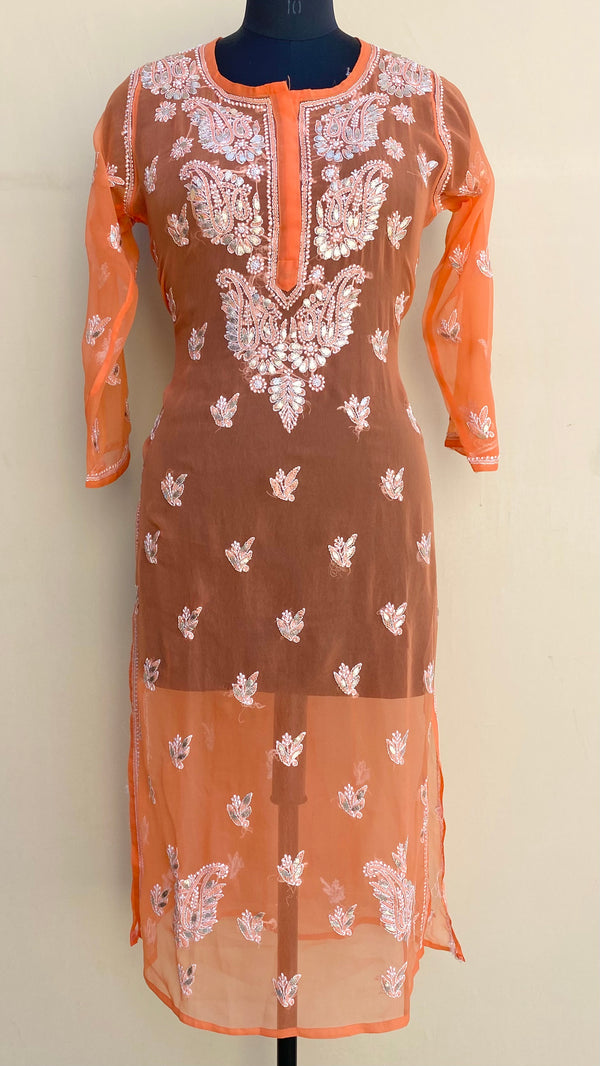 Lucknowi Chikankari Kurti Orange Faux Georgette With Gotta Patti Work