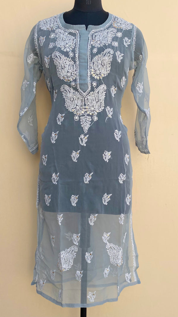 Lucknowi Chikankari Kurti Gray Faux Georgette With Mukaish Work