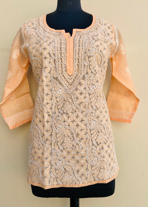 Lucknowi Chikankari Short Kurti Peach Cotton