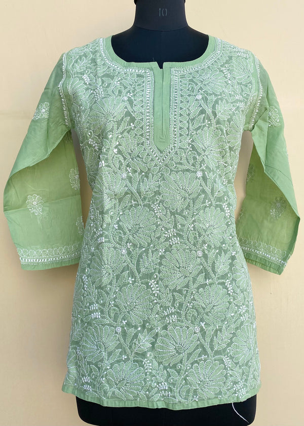 Lucknowi Chikankari Short Kurti Green Cotton