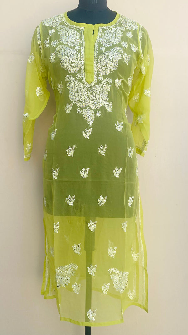 Lucknowi Chikankari Kurti Green Faux Georgette With Mukaish Work