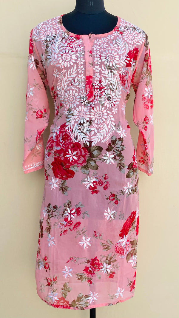 Lucknowi Chikankari Kurti Printed Pink Faux Georgette