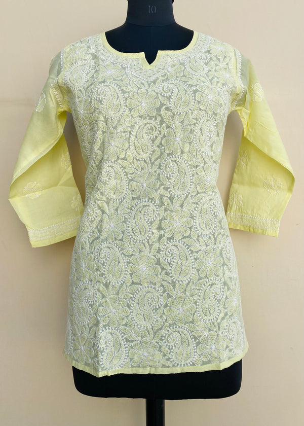 Lucknowi Chikankari Short Kurti Lemon Yellow Cotton