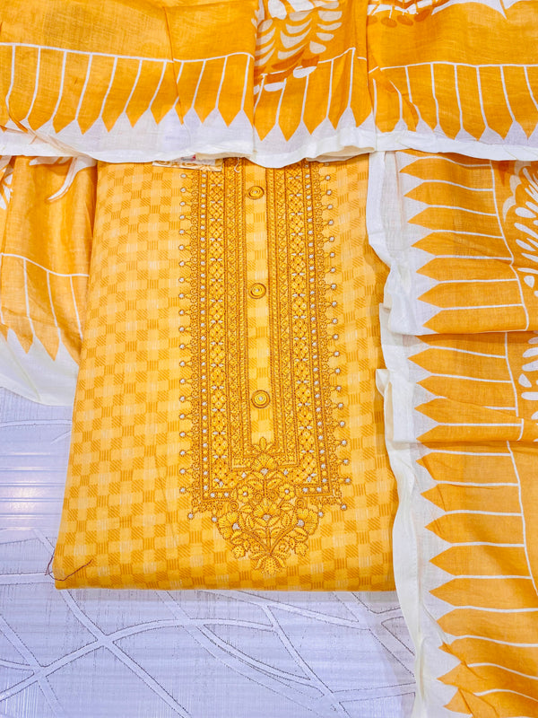 Designer Embroidered Suit Length 3 Piece Mustard Yellow Mal Cotton