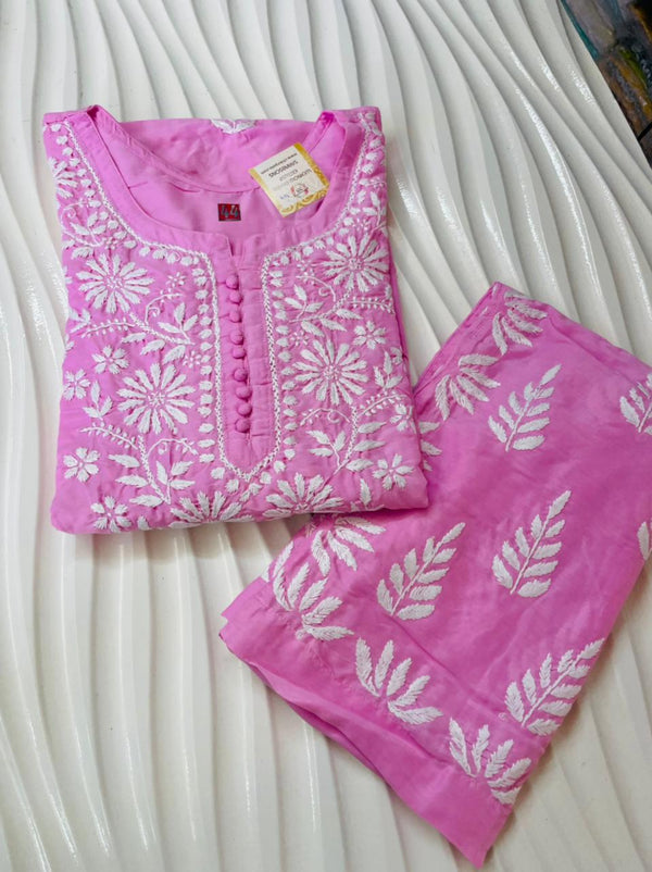 Lucknowi Chikankari Co-ord Set Pink Modal Cotton