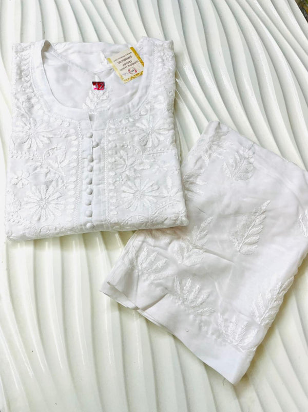 Lucknowi Chikankari Co-ord Set White Modal Cotton