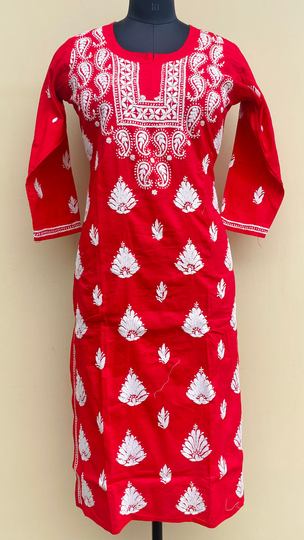 Lucknowi Chikankari Kurti Red Mulmul Cotton