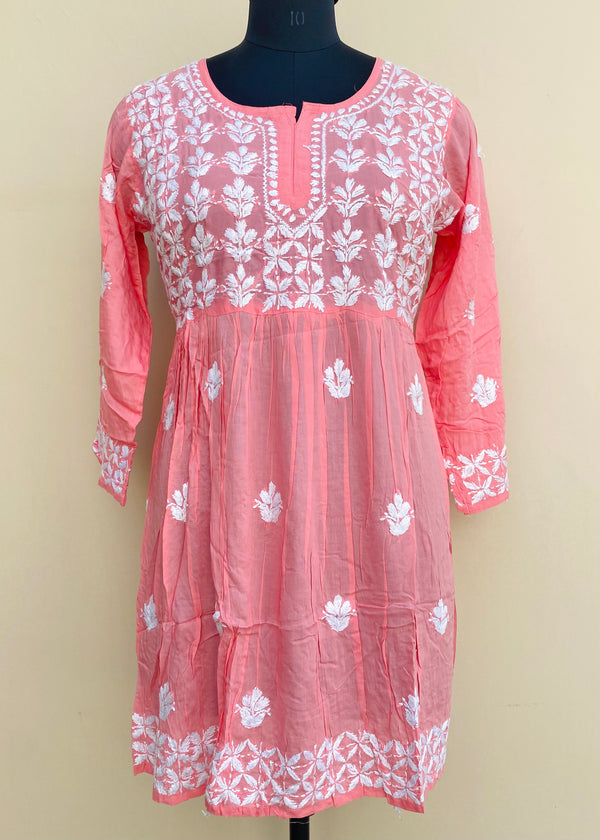 Lucknowi Chikankari Short Kurti Pink Modal Cotton