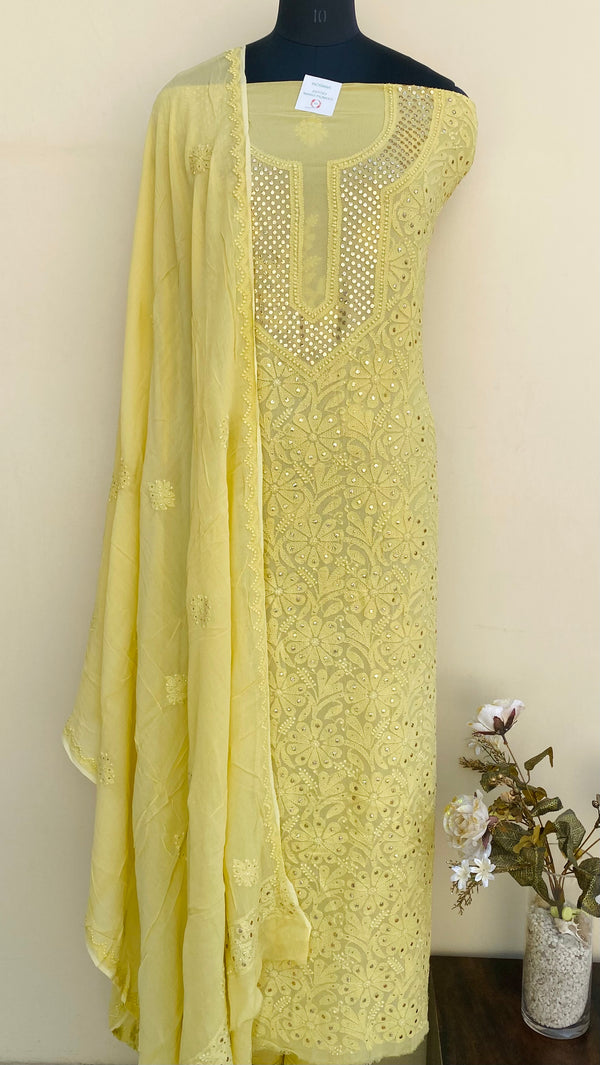 Lucknowi Chikankari Suit Length 2 Piece Lemon Yellow Pure Georgette With Mukaish Work