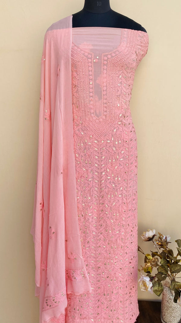 Lucknowi Chikankari Suit Length 2 Piece Pink Pure Georgette With Gotta Patti Work