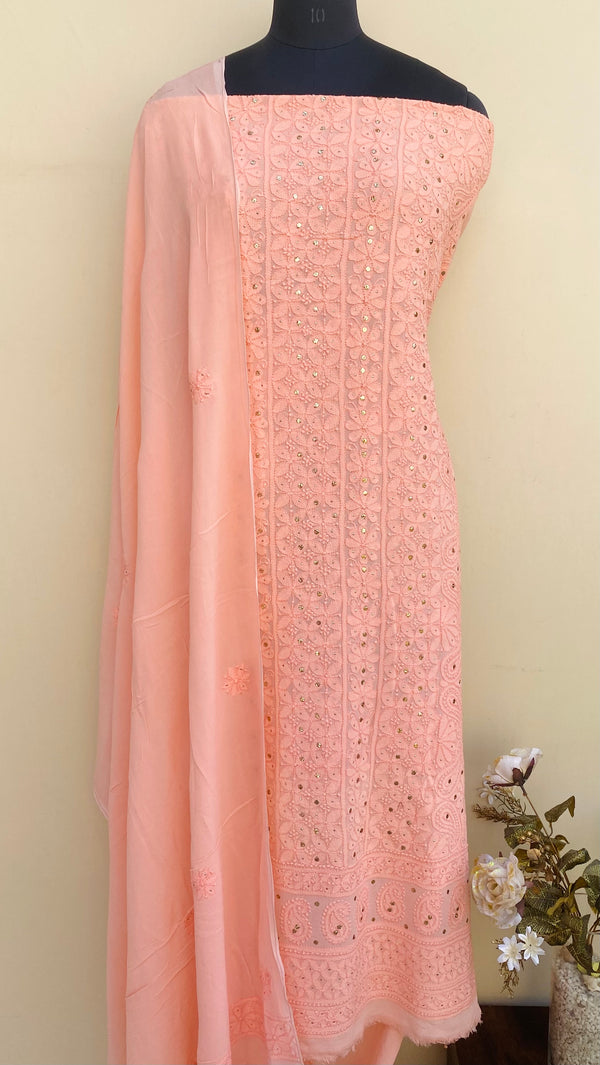 Lucknowi Chikankari Suit Length 2 Piece Peach Pure Georgette With Mukaish Work