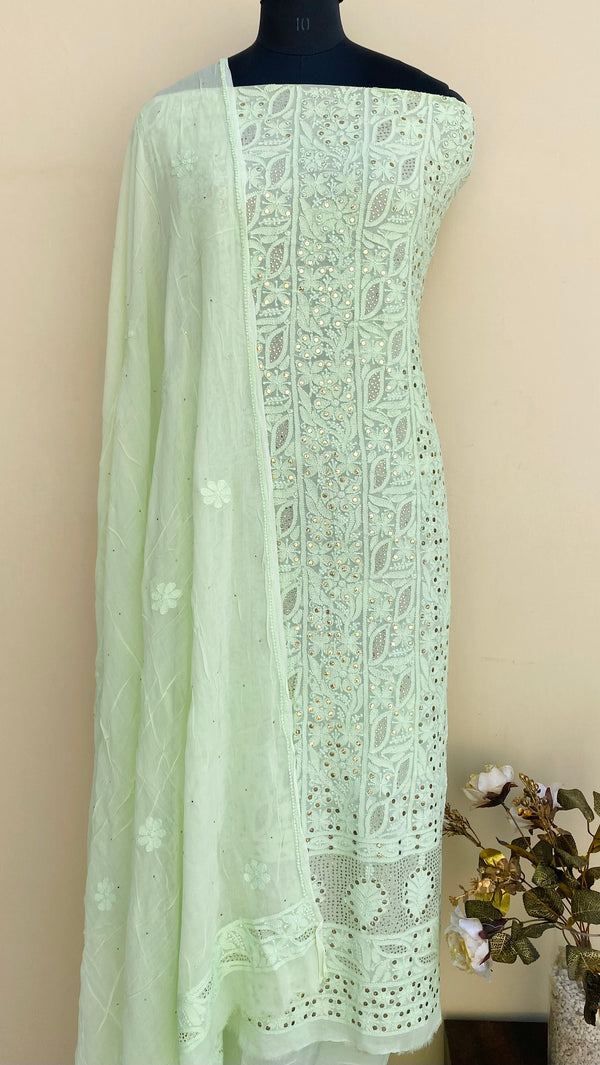 Lucknowi Chikankari Suit Length 2 Piece Mint Green Pure Georgette With Mukaish Work