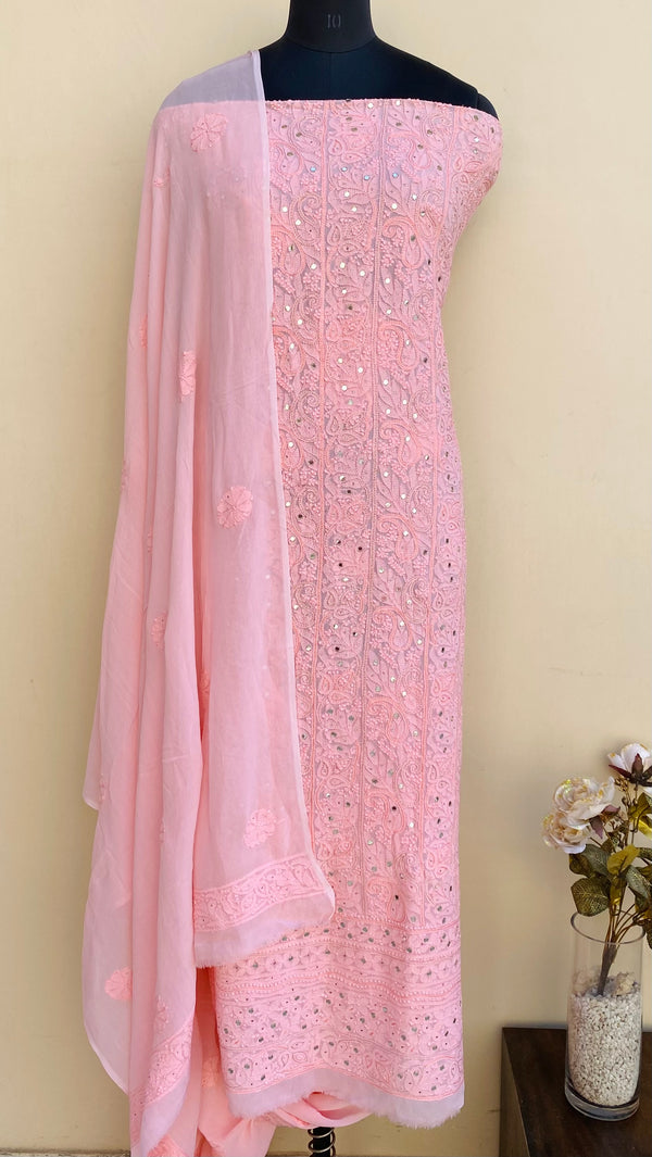 Lucknowi Chikankari Suit Length 2 Piece Pink Pure Georgette With Mukaish & Mirror Work