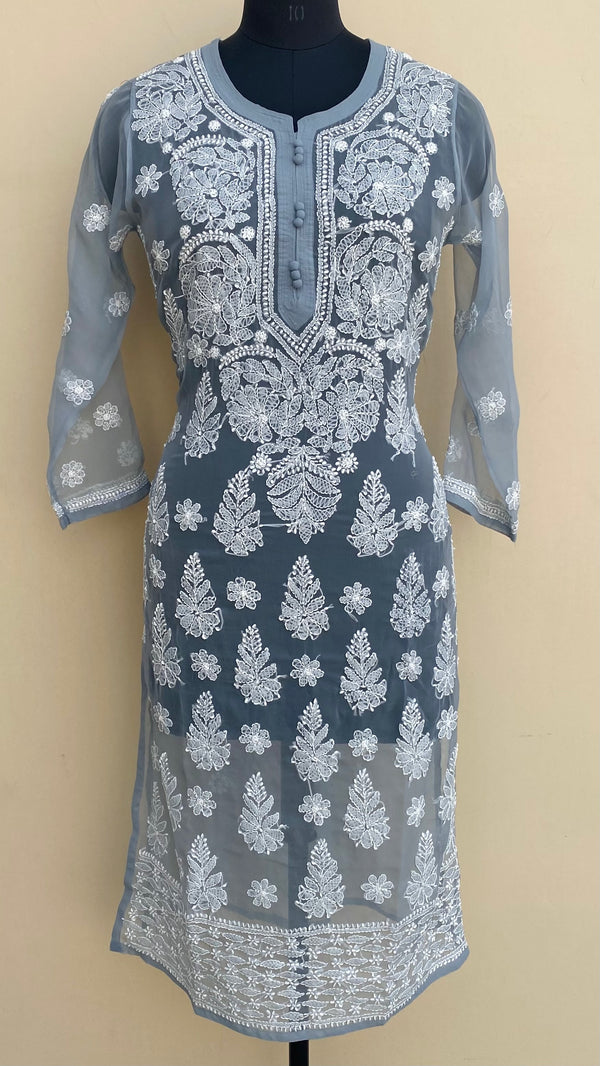 Lucknowi Chikankari Kurti Gray Faux Georgette