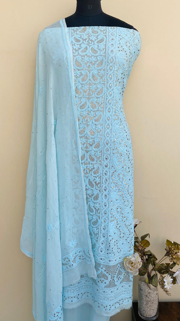 Lucknowi Chikankari Suit Length 2 Piece Powder Blue Pure Georgette With Mukaish Work