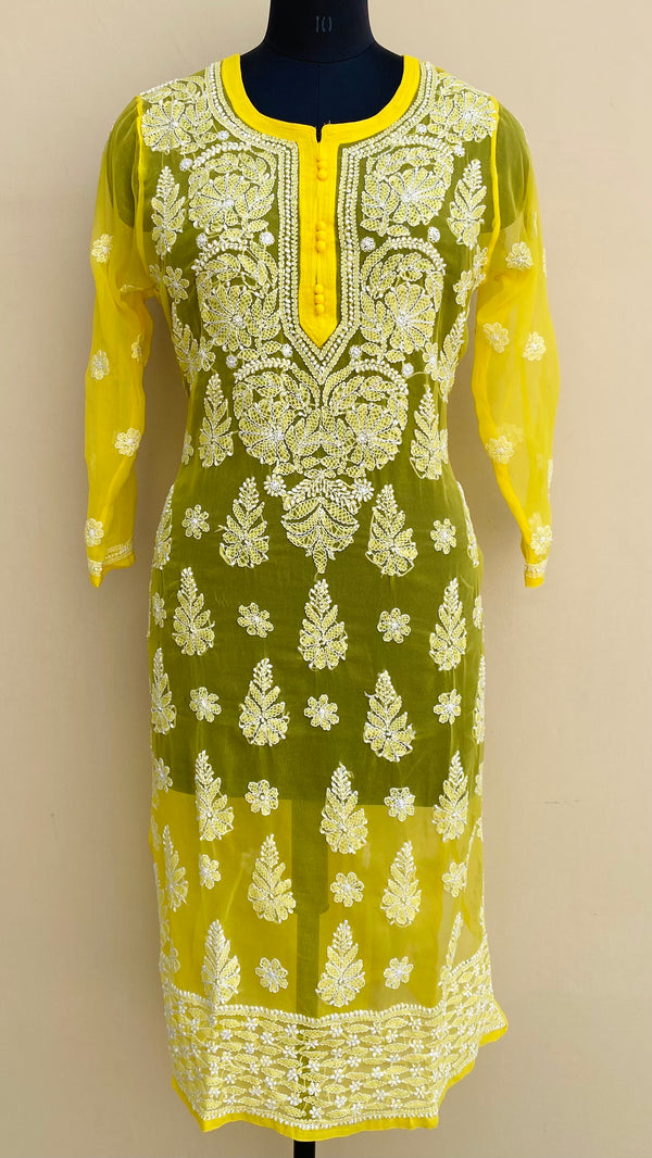 Lucknowi Chikankari Kurti Yellow Georgette