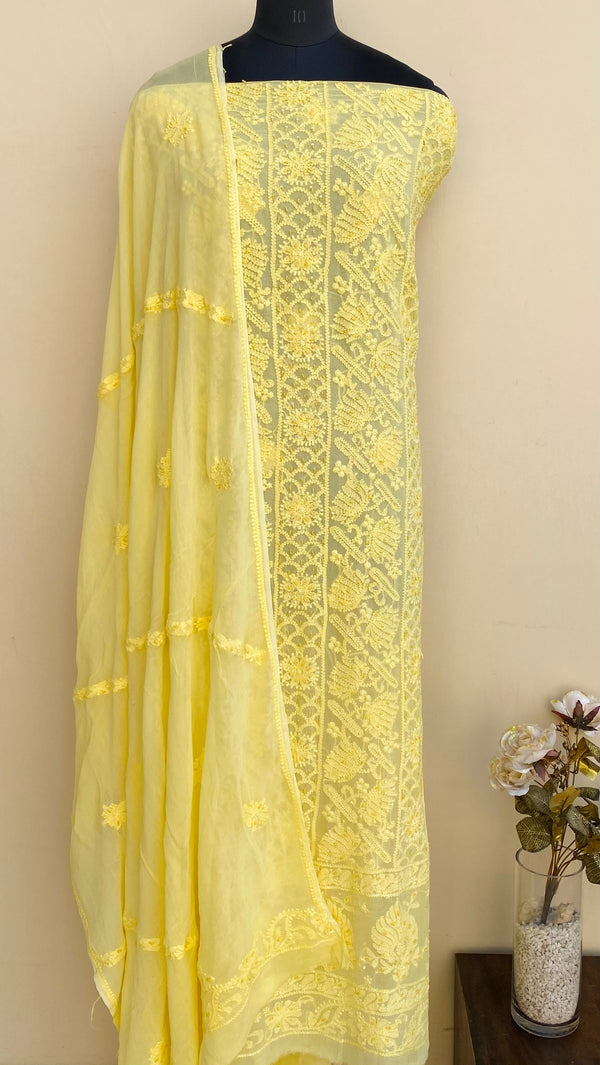 Lucknowi Chikankari Suit Length 2 Piece Yellow Pure Georgette With Pearl Work