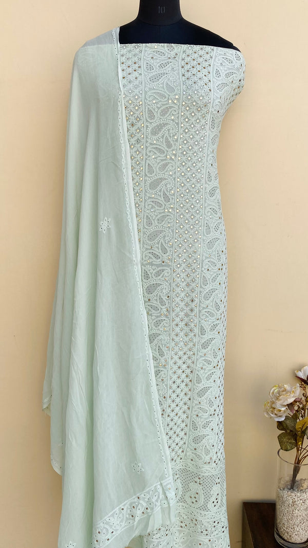 Lucknowi Chikankari Suit Length 2 Piece Green Pure Georgette With Mukaish Work