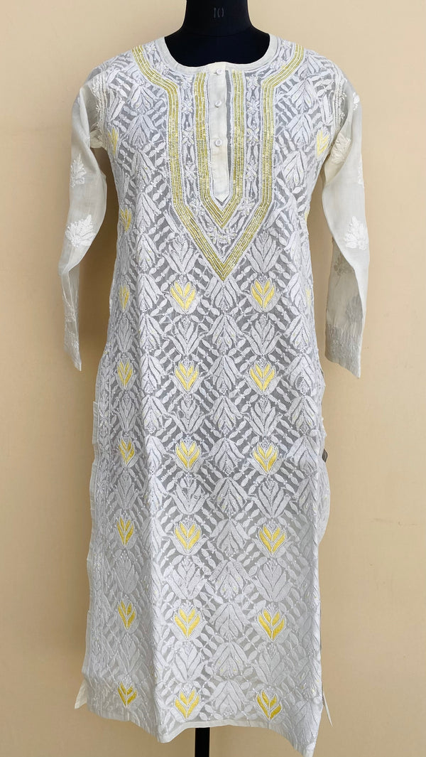 Lucknowi Chikankari Kurti Off White Cotton With Pearl & Sequence Work