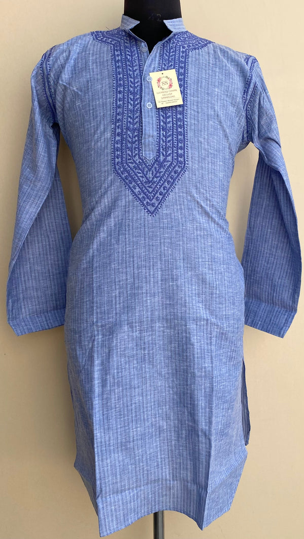 Lucknowi Chikankari Men’s Kurta Blue Cotton