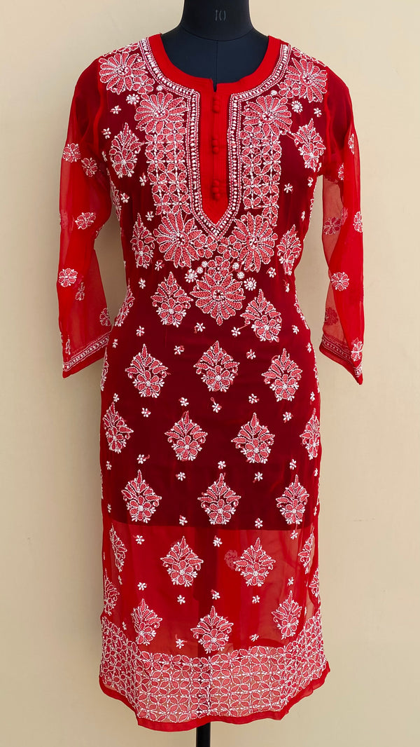 Lucknowi Chikankari Kurti Red Georgette