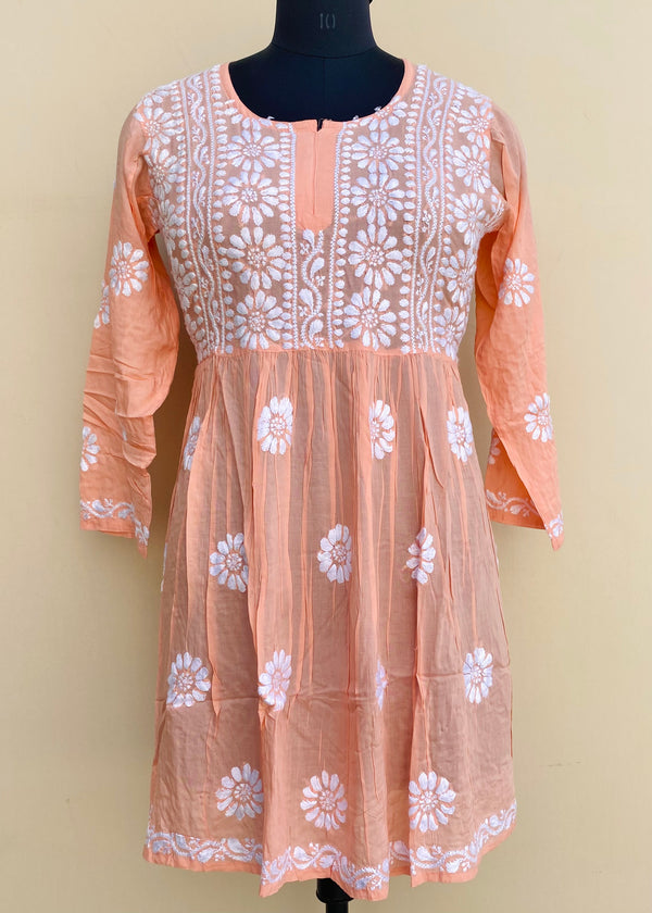 Lucknowi Chikankari Short Kurti Peach Modal Cotton