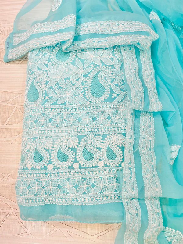 Lucknowi Chikankari Suit Length 3 Piece Sea Green Georgette With Jaali Work