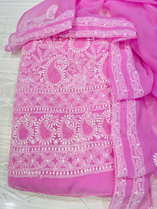 Lucknowi Chikankari Suit Length 3 Piece Pink Georgette With Jaali Work