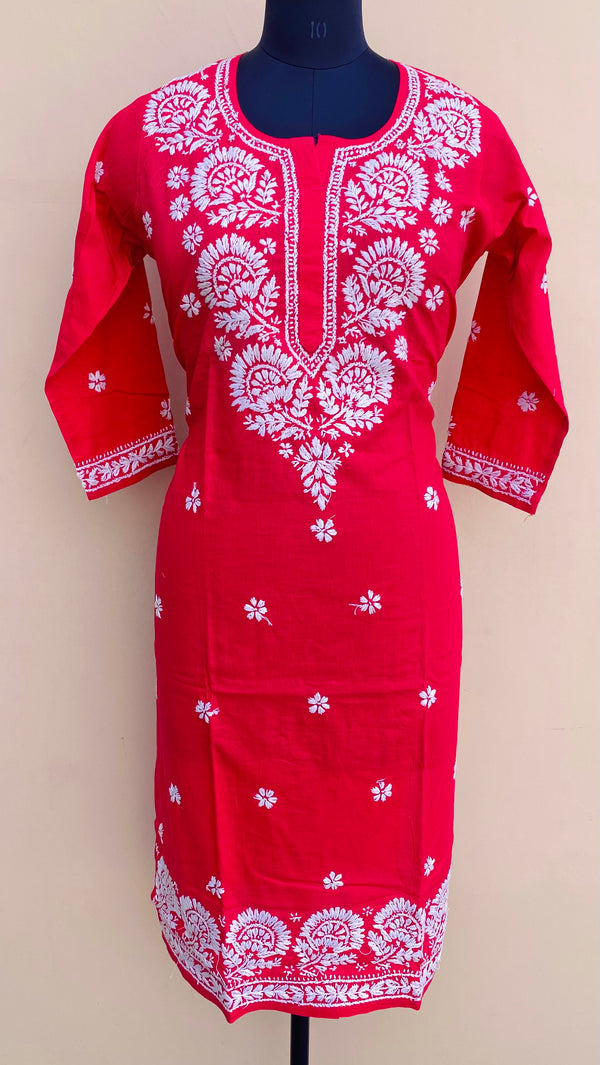 Lucknowi Chikankari Kurti Red Mulmul Cotton