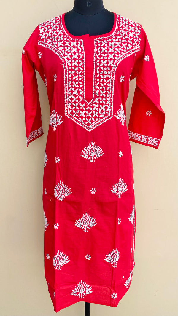 Lucknowi Chikankari Kurti Red Mulmul Cotton