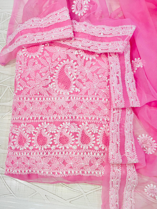 Lucknowi Chikankari Suit Length 3 Piece Pink Georgette With Jaali Work