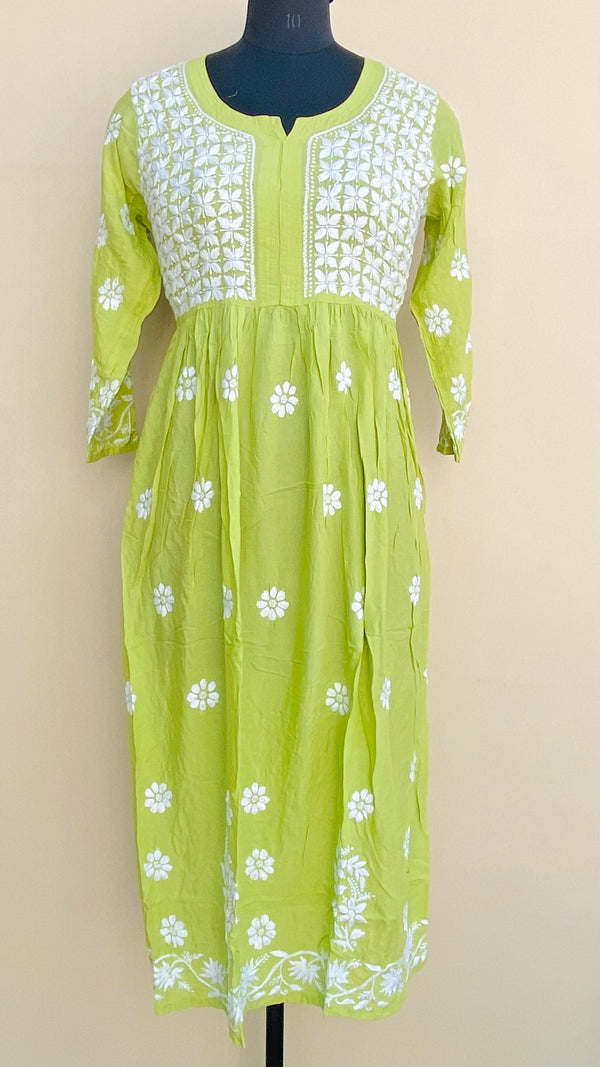 Lucknowi Chikankari Kurti Green Modal Cotton