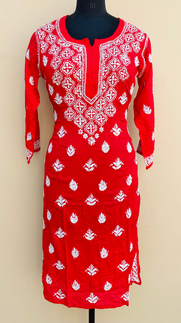 Lucknowi Chikankari Kurti Red Modal Cotton