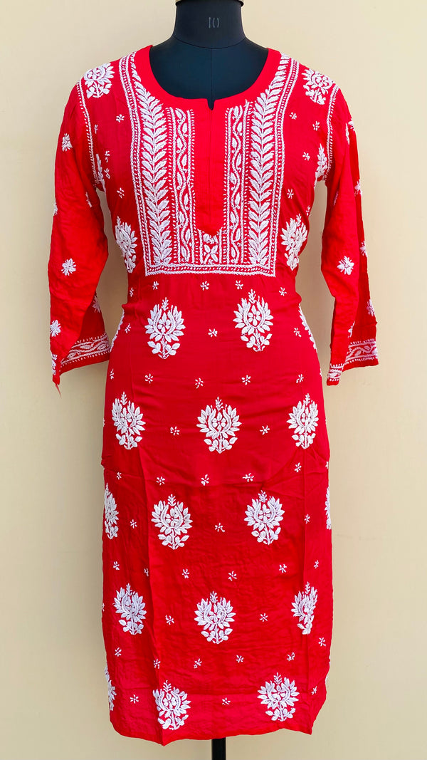 Lucknowi Chikankari Kurti Red Modal Cotton