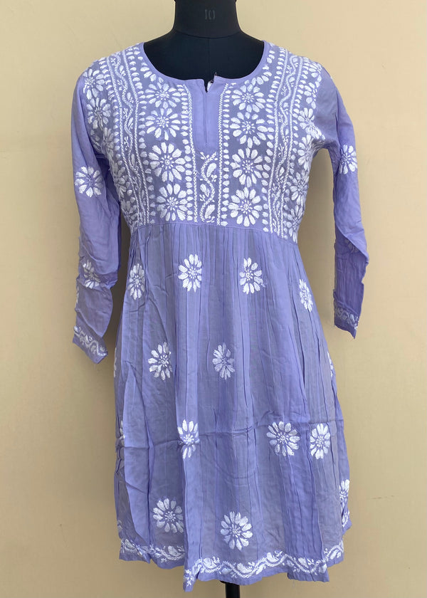 Lucknowi Chikankari Short Kurti Purple Modal Cotton