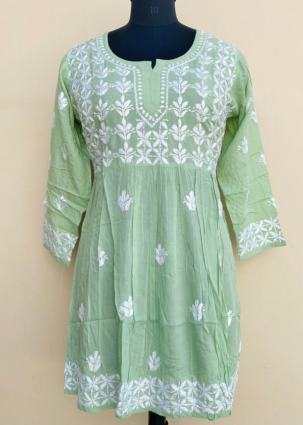 Lucknowi Chikankari Short Kurti Pista Green Modal Cotton