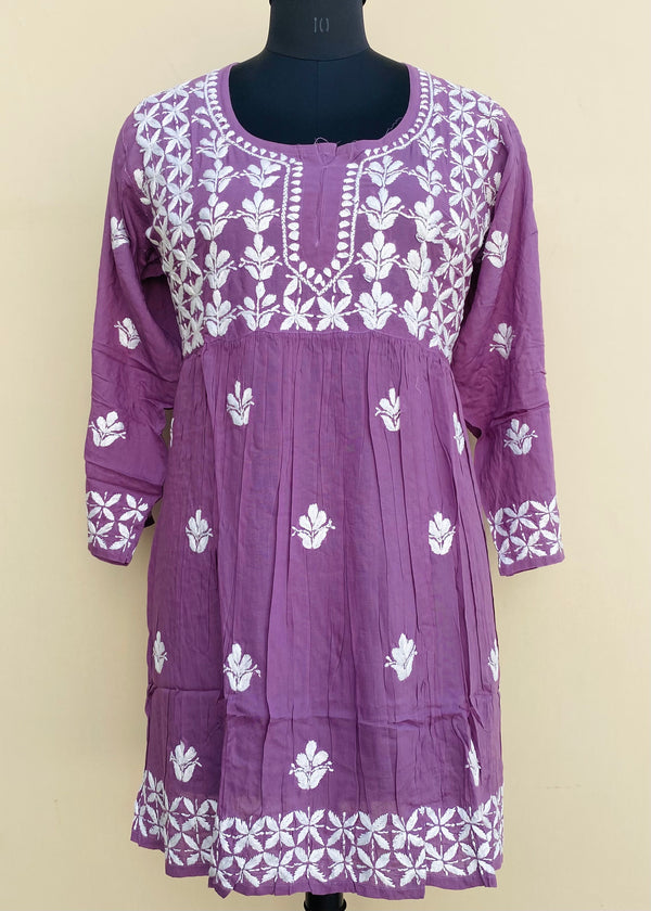 Lucknowi Chikankari Short Kurti Mauve Modal Cotton