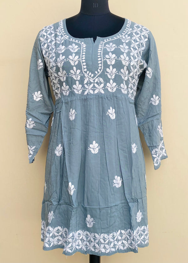 Lucknowi Chikankari Short Kurti Gray Modal Cotton